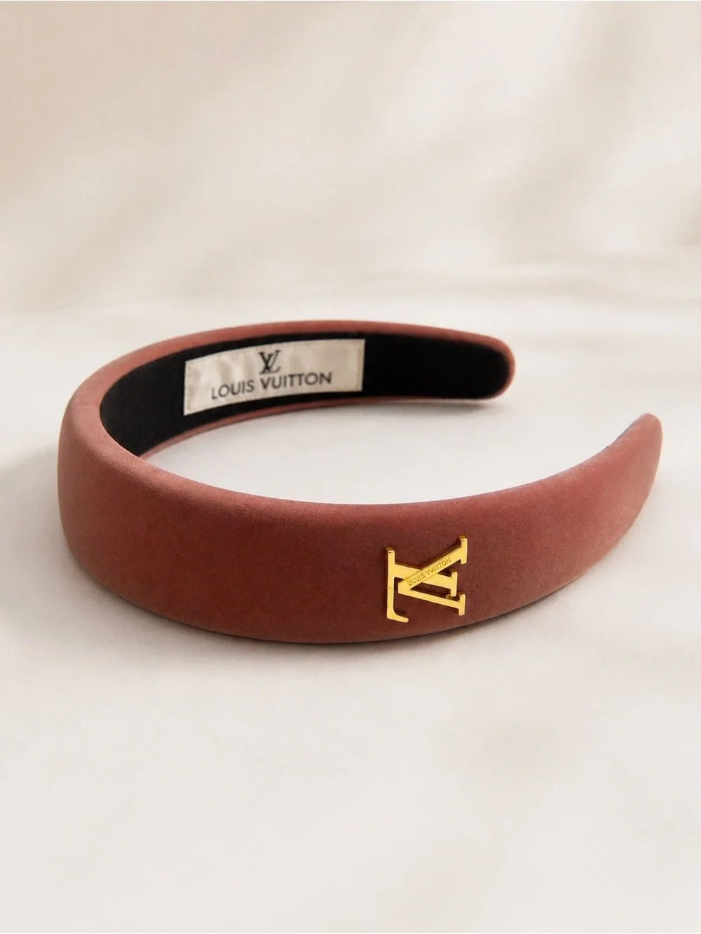 Louis Vuitton Rust-Brown Padded Headband with Gold LV Emblem